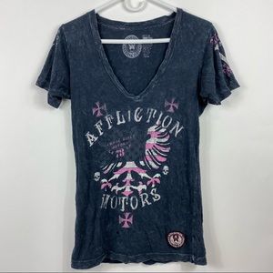Affliction Women Medium Distressed Graphic Tee Shirt Black Pink Garage Motors
